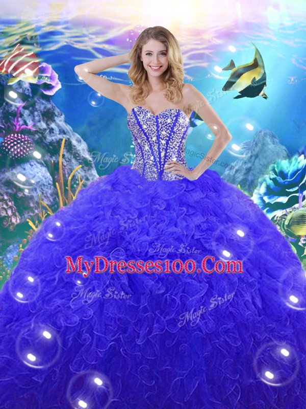 Blue Sleeveless Beading and Ruffles Floor Length Quince Ball Gowns