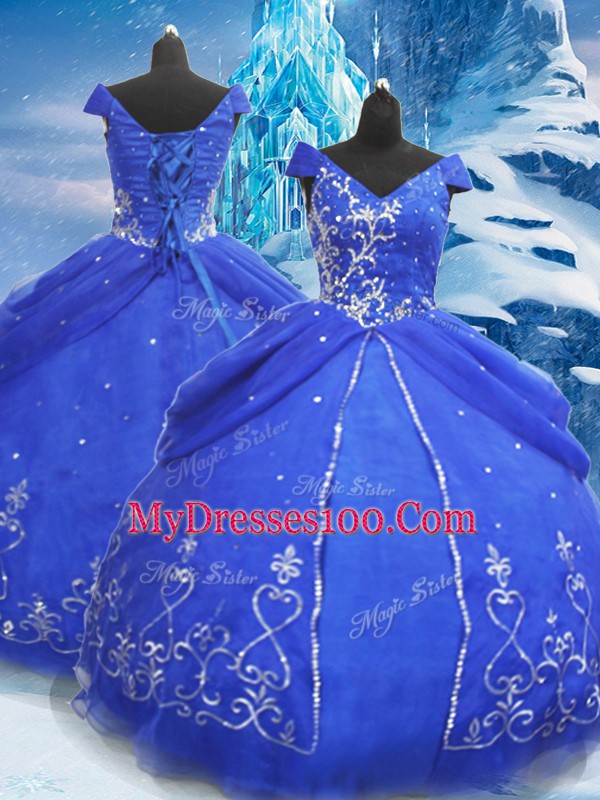 Ideal Blue V-neck Lace Up Beading and Appliques Quince Ball Gowns Short Sleeves