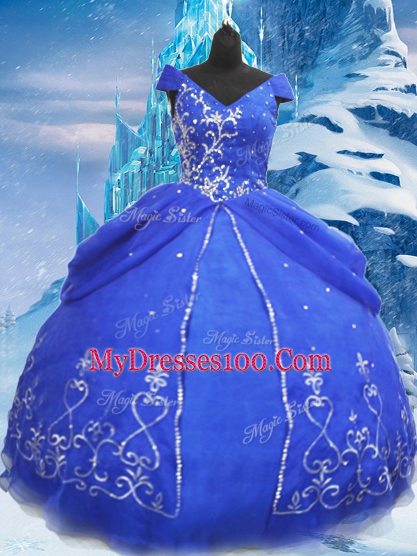 Ideal Blue V-neck Lace Up Beading and Appliques Quince Ball Gowns Short Sleeves