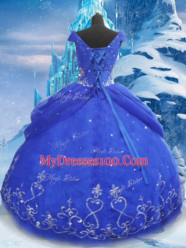Ideal Blue V-neck Lace Up Beading and Appliques Quince Ball Gowns Short Sleeves