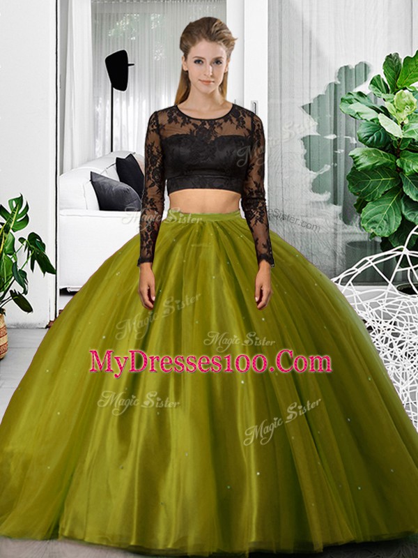 Top Selling Long Sleeves Floor Length Lace and Ruching Backless Quinceanera Gowns with Olive Green