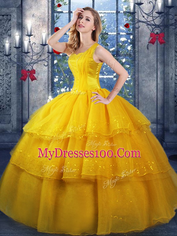 Adorable Gold Lace Up Straps Ruffled Layers 15th Birthday Dress Organza Sleeveless