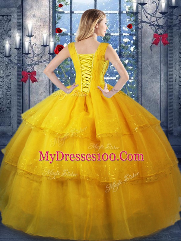 Adorable Gold Lace Up Straps Ruffled Layers 15th Birthday Dress Organza Sleeveless