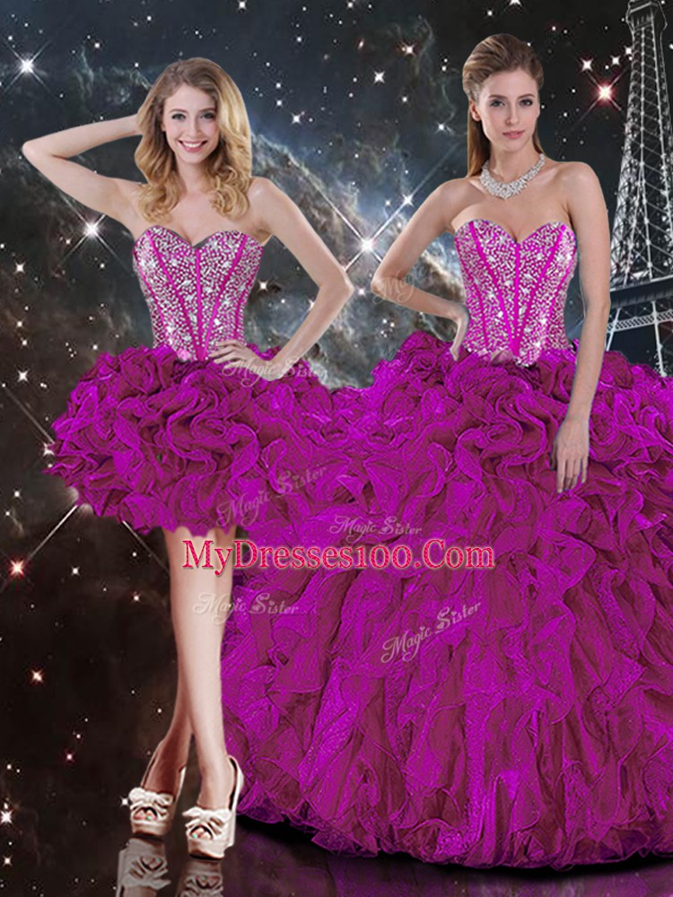 Fuchsia Sleeveless Beading and Ruffles Floor Length Quinceanera Gown