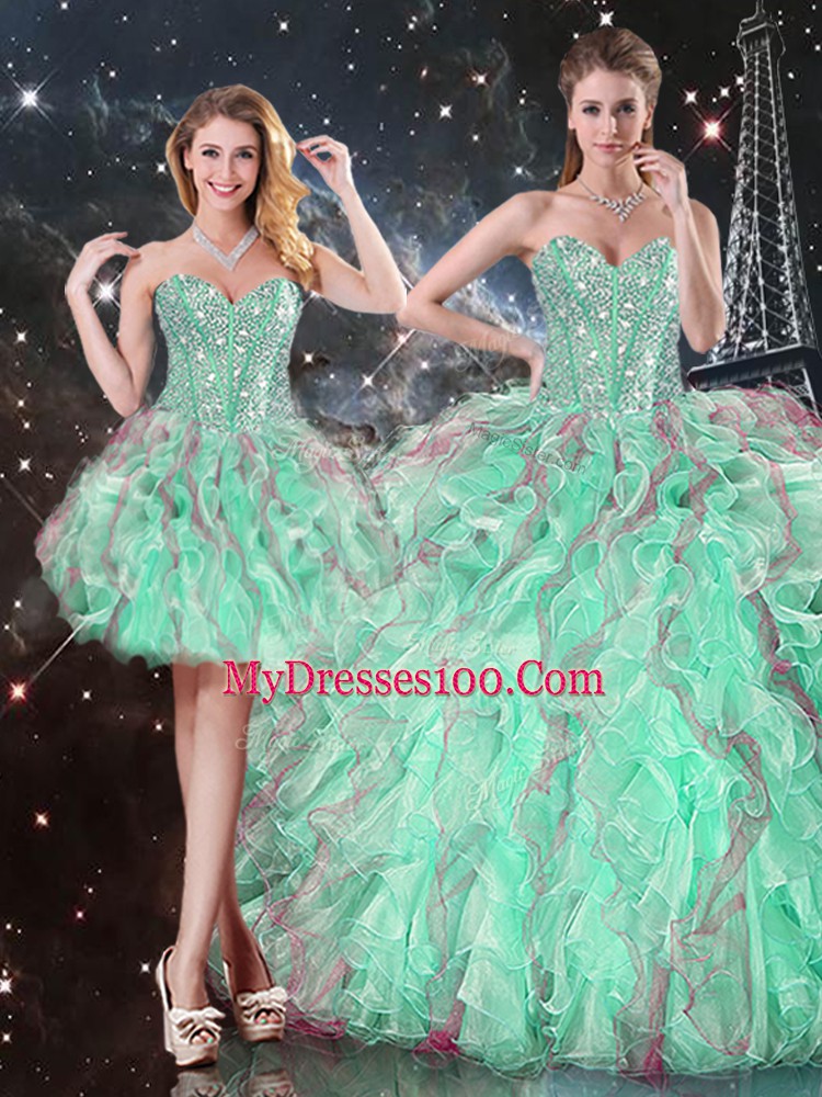 Modern Turquoise Lace Up Sweetheart Beading and Ruffles Quinceanera Gown Organza Sleeveless