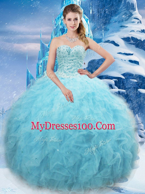 Fashionable Sleeveless Floor Length Beading and Pick Ups Lace Up Sweet 16 Dresses with Aqua Blue