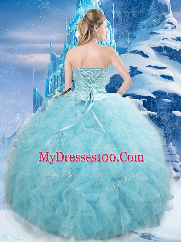 Fashionable Sleeveless Floor Length Beading and Pick Ups Lace Up Sweet 16 Dresses with Aqua Blue