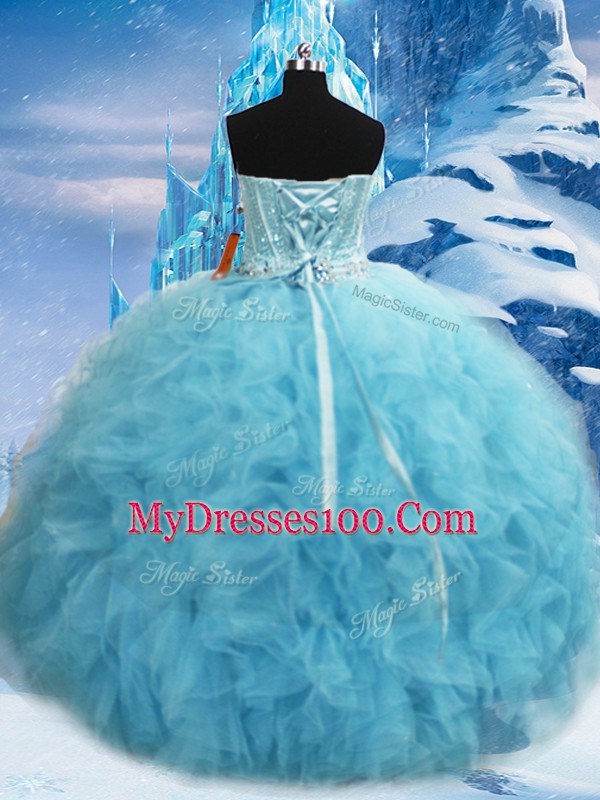 Deluxe Floor Length Aqua Blue 15th Birthday Dress Tulle Sleeveless Beading and Pick Ups