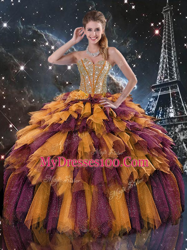 Charming Organza Sleeveless Floor Length 15th Birthday Dress and Beading and Ruffles and Ruffled Layers