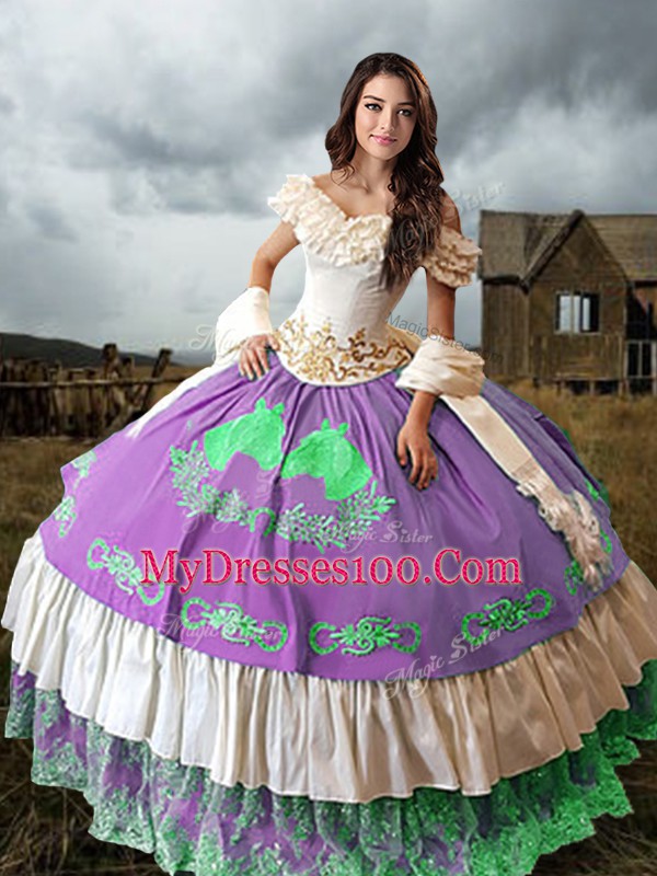 Multi-color Sleeveless Embroidery and Ruffled Layers Lace Up 15th Birthday Dress