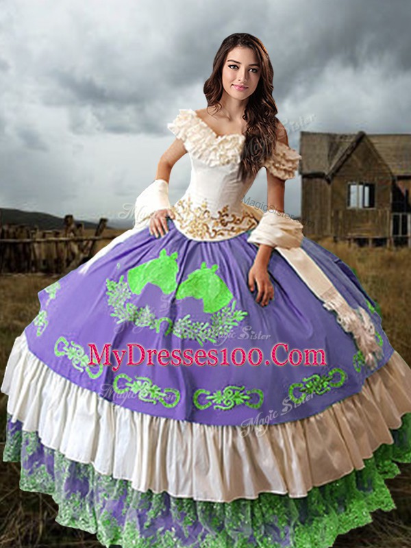Multi-color Taffeta Lace Up 15 Quinceanera Dress Sleeveless Brush Train Embroidery and Ruffled Layers