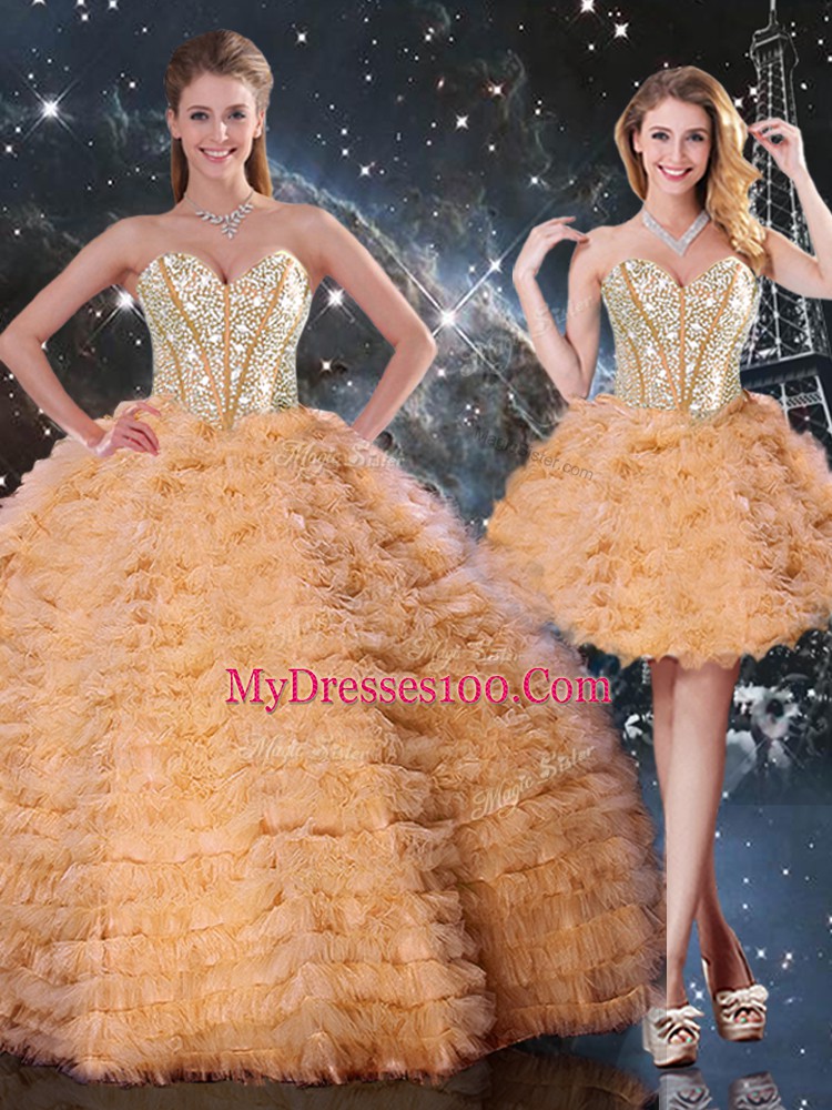 Romantic Floor Length Lace Up Ball Gown Prom Dress Orange for Military Ball and Sweet 16 and Quinceanera with Beading and Ruffled Layers
