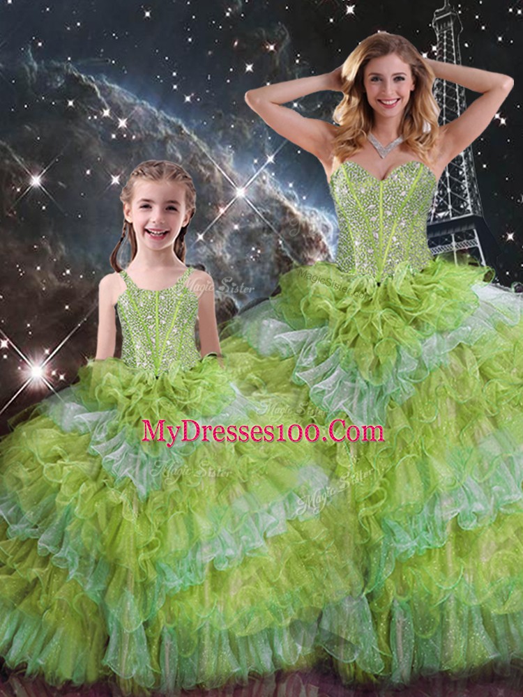 Romantic Multi-color Ball Gowns Sweetheart Sleeveless Organza Floor Length Lace Up Beading and Ruffled Layers and Sequins Quinceanera Dress