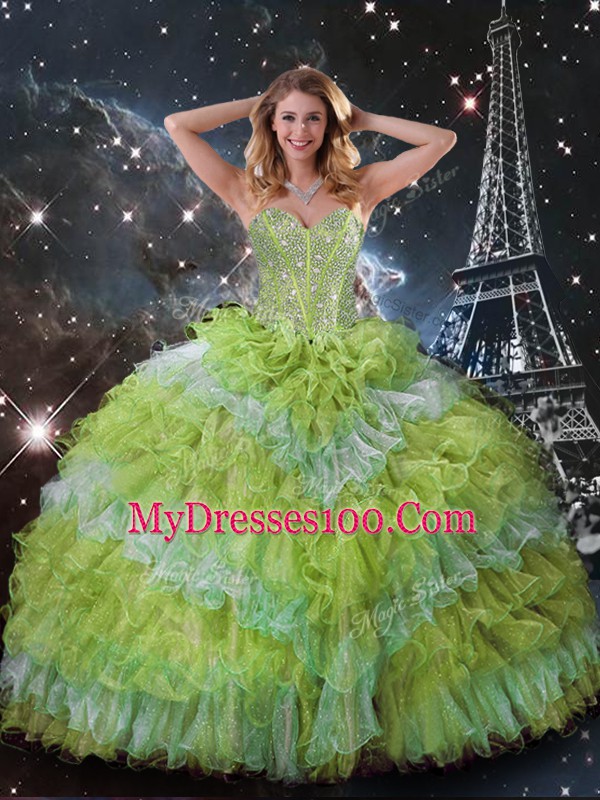 Romantic Multi-color Ball Gowns Sweetheart Sleeveless Organza Floor Length Lace Up Beading and Ruffled Layers and Sequins Quinceanera Dress