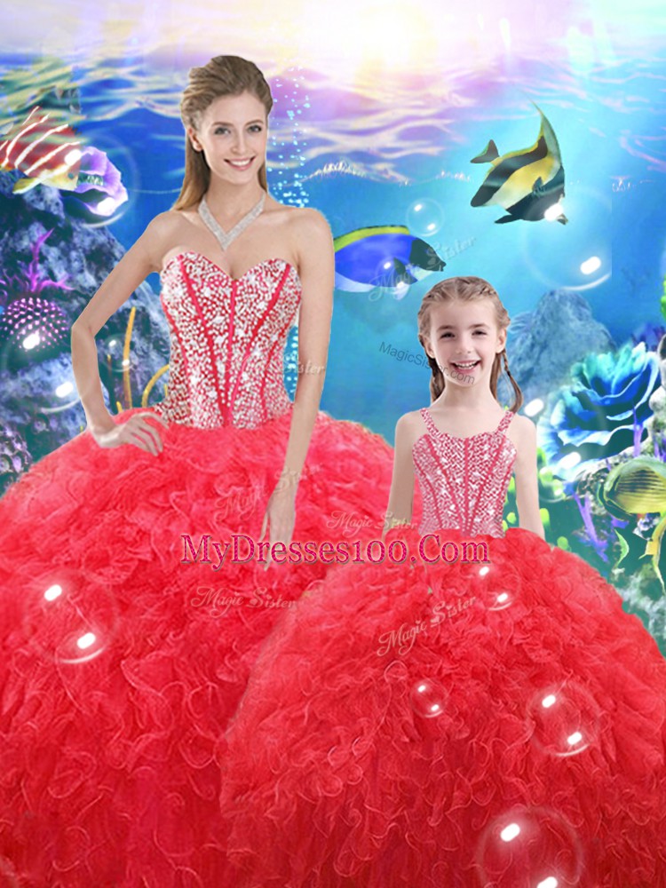 Modern Coral Red Sleeveless Floor Length Beading and Ruffles Lace Up Ball Gown Prom Dress