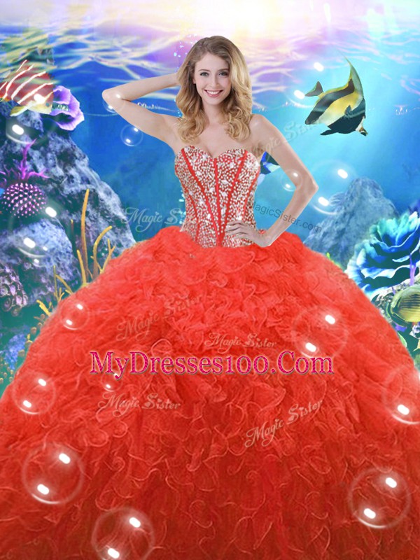 Modern Coral Red Sleeveless Floor Length Beading and Ruffles Lace Up Ball Gown Prom Dress