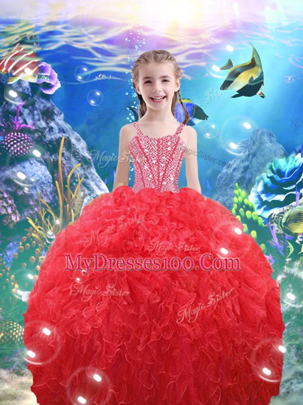 Modern Coral Red Sleeveless Floor Length Beading and Ruffles Lace Up Ball Gown Prom Dress
