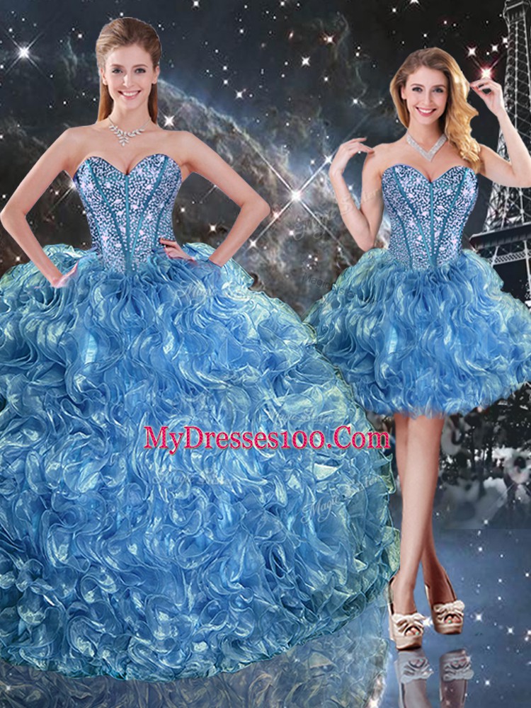 Baby Blue Lace Up Sweetheart Beading and Ruffles Quinceanera Dress Organza Sleeveless