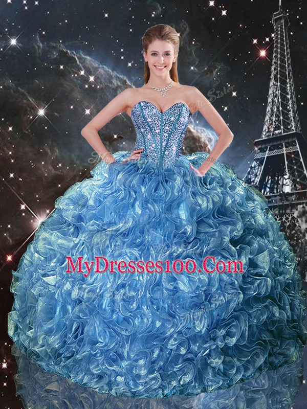 Baby Blue Lace Up Sweetheart Beading and Ruffles Quinceanera Dress Organza Sleeveless