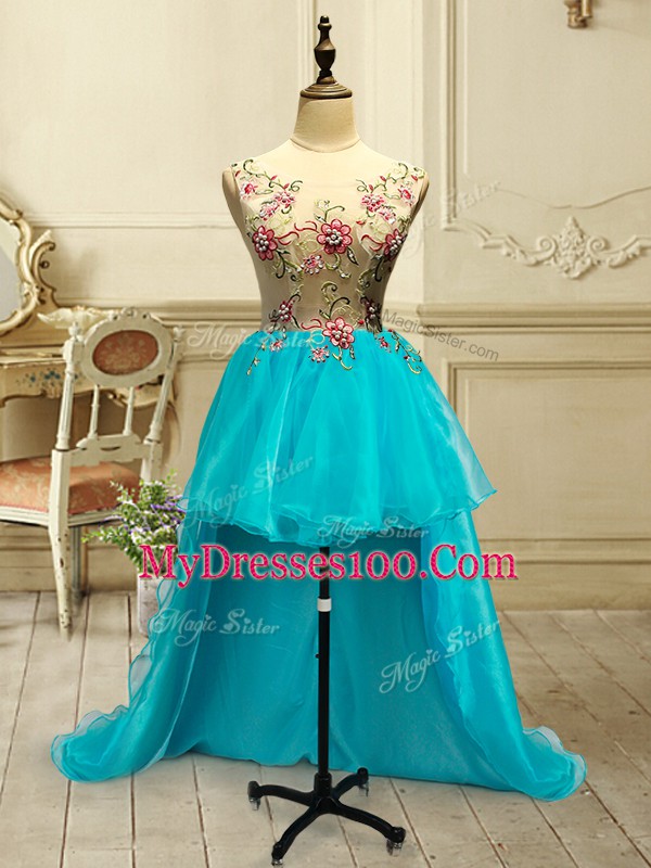 Ideal Embroidery Homecoming Dress Baby Blue Lace Up Sleeveless High Low