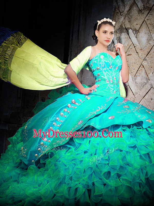 Sleeveless Brush Train Embroidery and Ruffles Lace Up Quince Ball Gowns