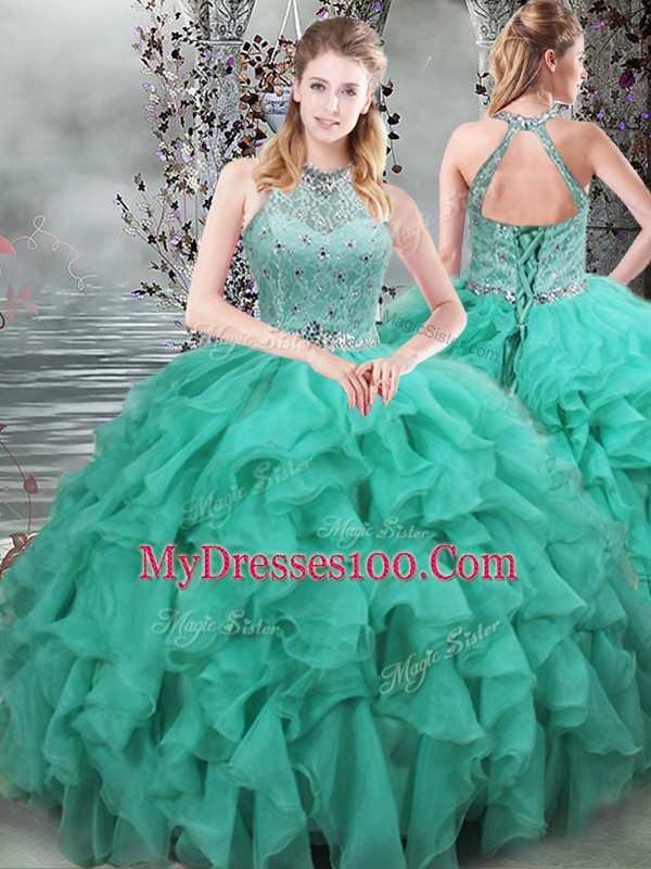 Delicate Turquoise Sweet 16 Dresses Organza Brush Train Sleeveless Beading and Ruffles