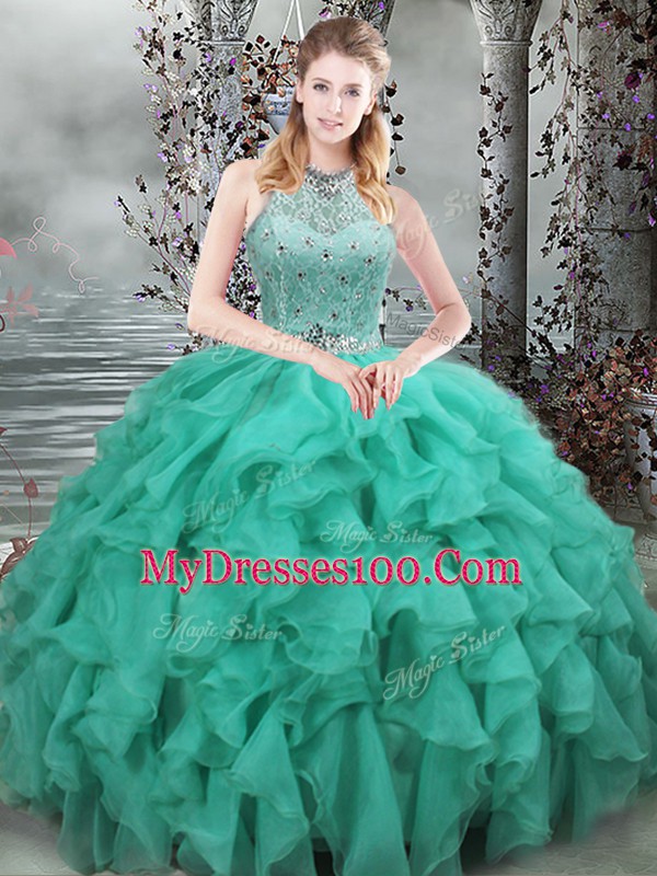 Delicate Turquoise Sweet 16 Dresses Organza Brush Train Sleeveless Beading and Ruffles