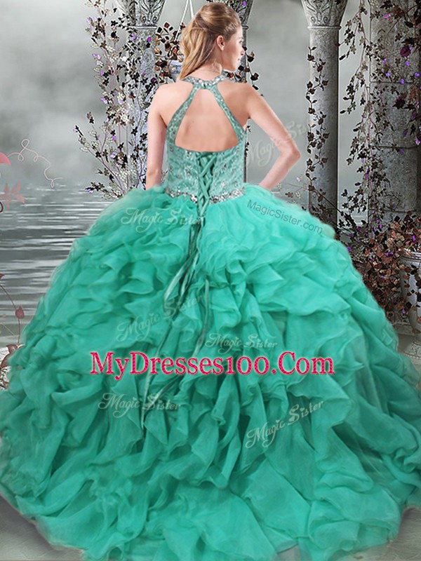 Delicate Turquoise Sweet 16 Dresses Organza Brush Train Sleeveless Beading and Ruffles