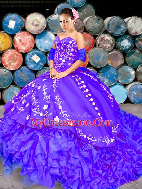 Purple Lace Up Sweetheart Embroidery and Ruffles Sweet 16 Dresses Organza Sleeveless Brush Train