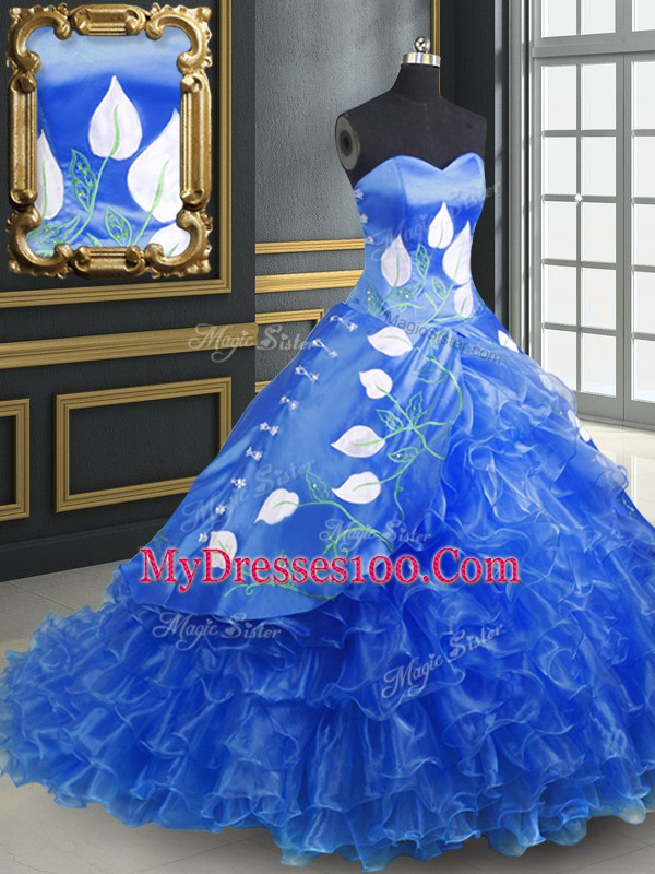 Free and Easy Blue Sleeveless Organza Brush Train Lace Up Ball Gown Prom Dress for Military Ball and Sweet 16 and Quinceanera