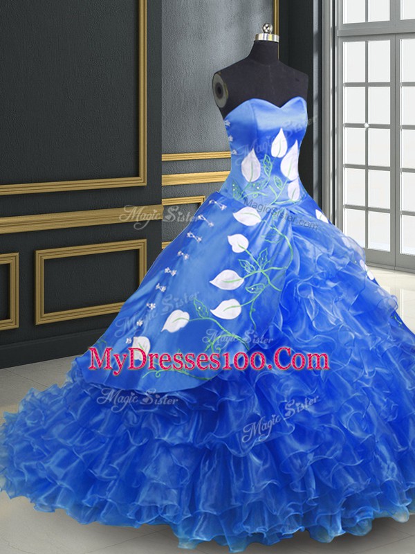 Free and Easy Blue Sleeveless Organza Brush Train Lace Up Ball Gown Prom Dress for Military Ball and Sweet 16 and Quinceanera