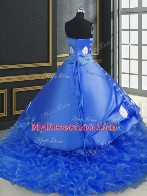 Free and Easy Blue Sleeveless Organza Brush Train Lace Up Ball Gown Prom Dress for Military Ball and Sweet 16 and Quinceanera