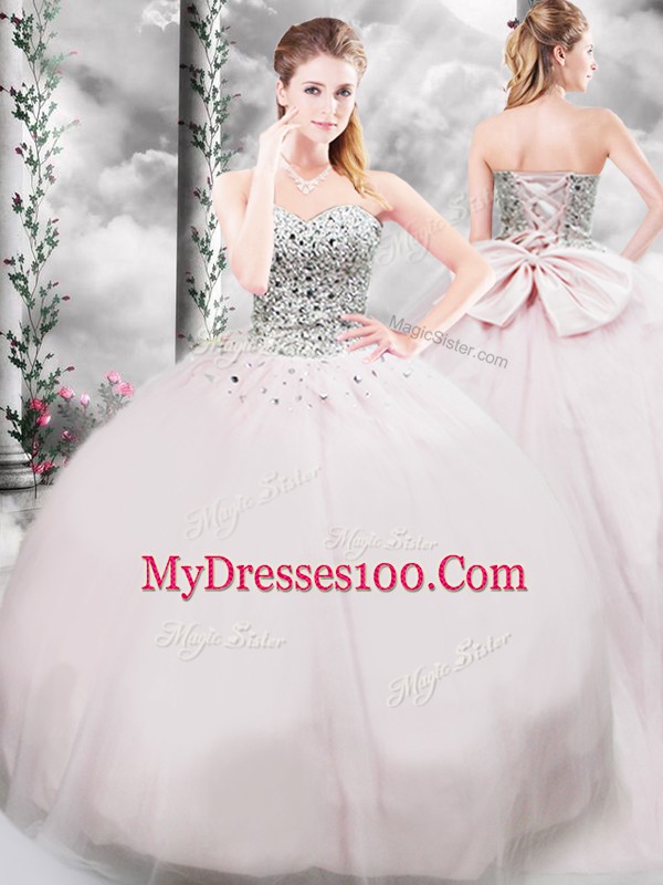 Hot Selling Sleeveless Tulle Brush Train Lace Up 15 Quinceanera Dress in Pink with Beading and Bowknot