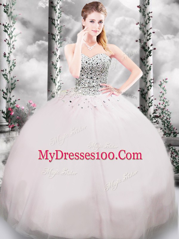 Hot Selling Sleeveless Tulle Brush Train Lace Up 15 Quinceanera Dress in Pink with Beading and Bowknot