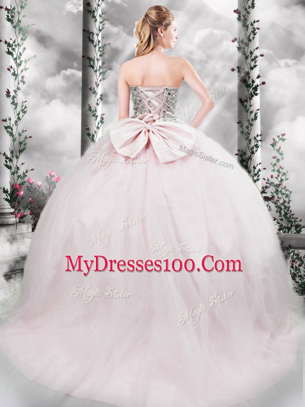 Hot Selling Sleeveless Tulle Brush Train Lace Up 15 Quinceanera Dress in Pink with Beading and Bowknot