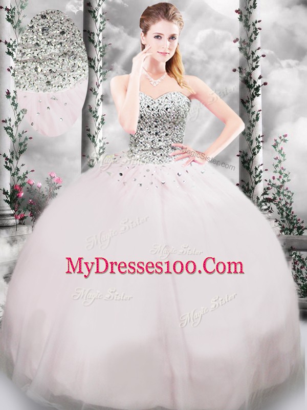 Hot Selling Sleeveless Tulle Brush Train Lace Up 15 Quinceanera Dress in Pink with Beading and Bowknot