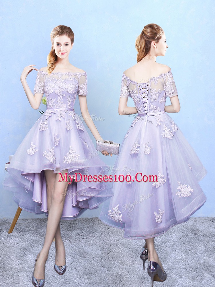 Lavender Lace Up Quinceanera Court of Honor Dress Lace Short Sleeves High Low