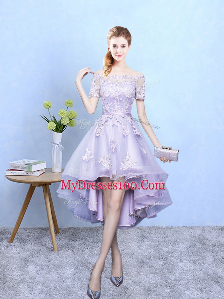 Lavender Lace Up Quinceanera Court of Honor Dress Lace Short Sleeves High Low