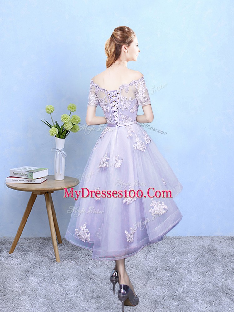 Lavender Lace Up Quinceanera Court of Honor Dress Lace Short Sleeves High Low
