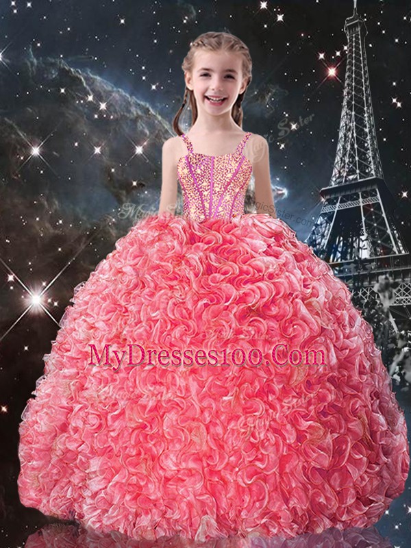 Sleeveless Floor Length Beading and Ruffles Lace Up Child Pageant Dress with Coral Red