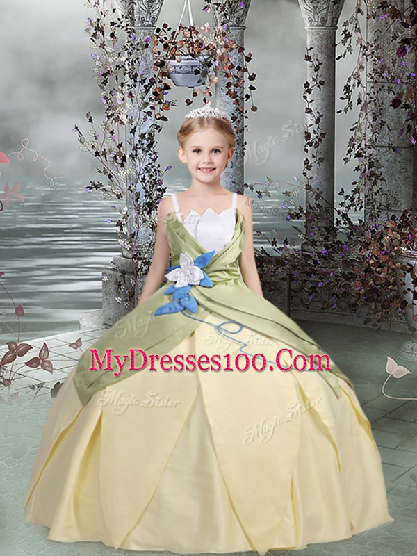 Admirable Spaghetti Straps Sleeveless Taffeta Kids Pageant Dress Ruching and Hand Made Flower Lace Up