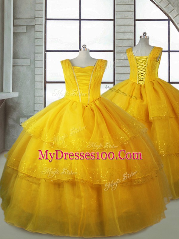 Most Popular Floor Length Gold Pageant Gowns For Girls Organza Sleeveless Ruffled Layers