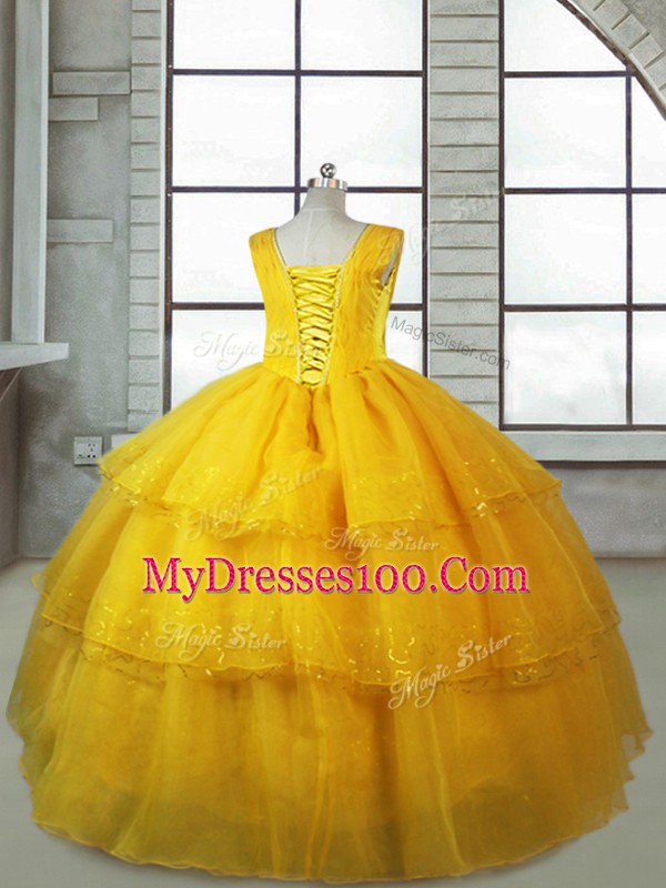Most Popular Floor Length Gold Pageant Gowns For Girls Organza Sleeveless Ruffled Layers