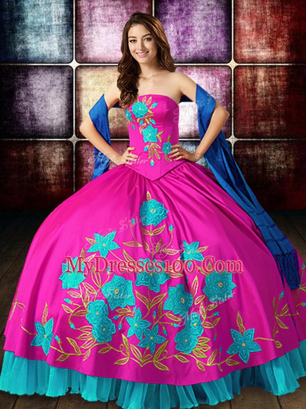 Satin Strapless Sleeveless Lace Up Embroidery Sweet 16 Dress in Multi-color