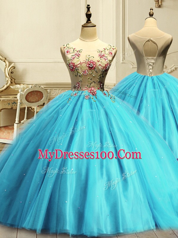 Dazzling Appliques and Sequins 15 Quinceanera Dress Aqua Blue Lace Up Sleeveless Floor Length