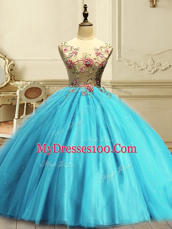 Dazzling Appliques and Sequins 15 Quinceanera Dress Aqua Blue Lace Up Sleeveless Floor Length