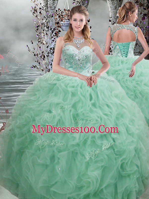 Dynamic Apple Green Quince Ball Gowns Military Ball and Sweet 16 and Quinceanera with Beading and Ruffles Scoop Sleeveless Lace Up