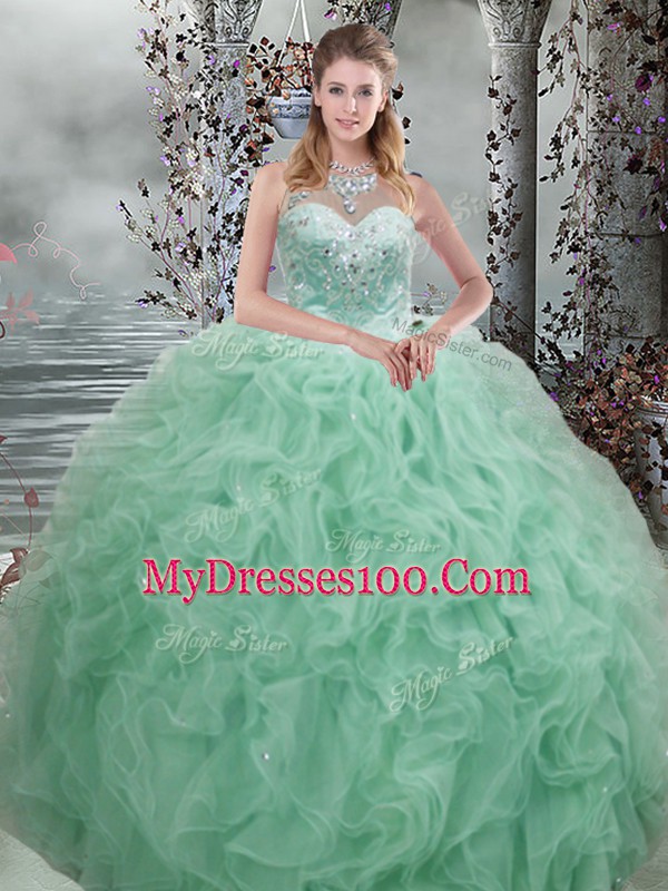 Dynamic Apple Green Quince Ball Gowns Military Ball and Sweet 16 and Quinceanera with Beading and Ruffles Scoop Sleeveless Lace Up