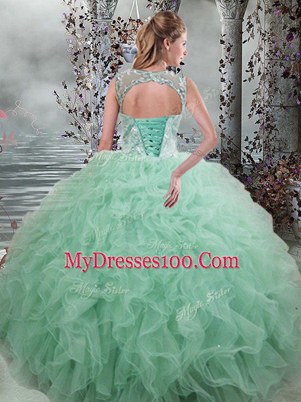 Dynamic Apple Green Quince Ball Gowns Military Ball and Sweet 16 and Quinceanera with Beading and Ruffles Scoop Sleeveless Lace Up