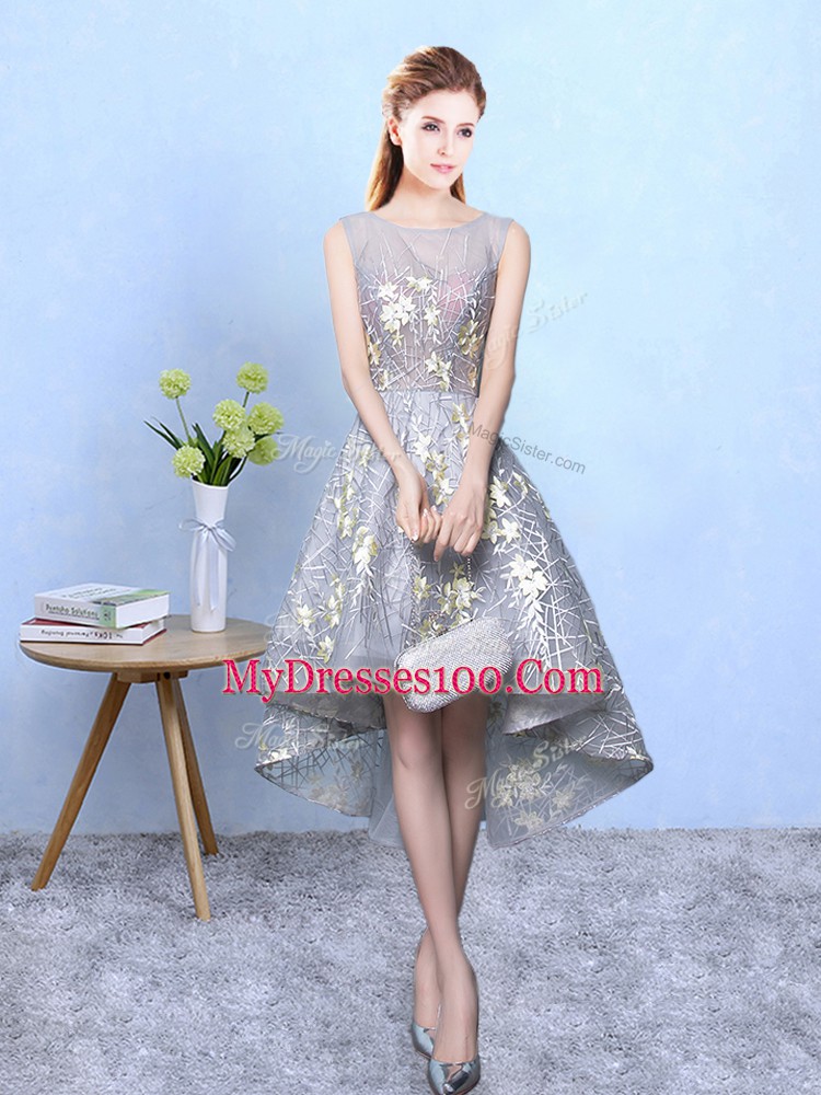 Scoop Sleeveless Zipper Bridesmaid Dress Grey Printed